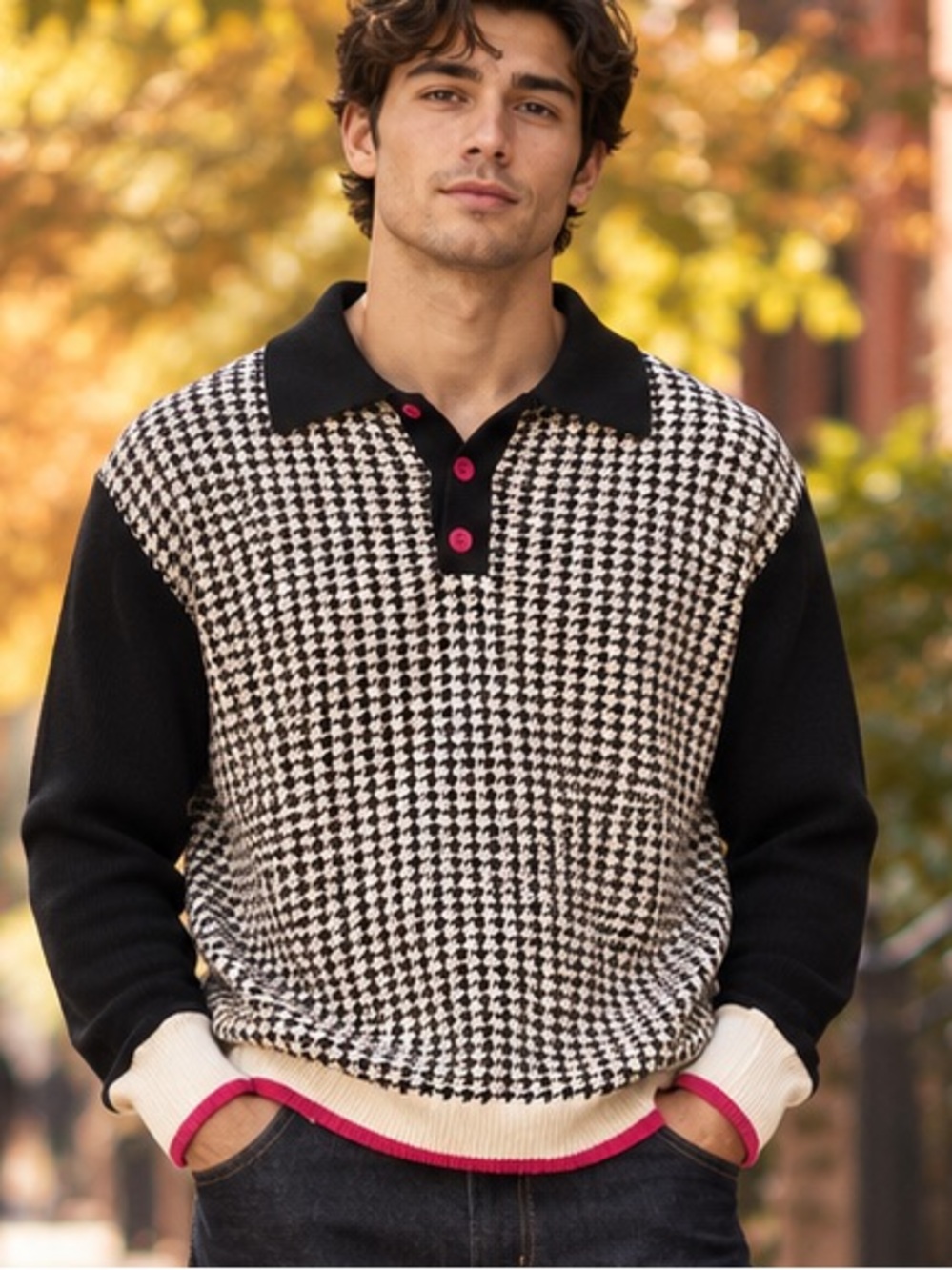 OXKNIT Houndstooth Cotton Polo Sweater Black White Pink XL Like New